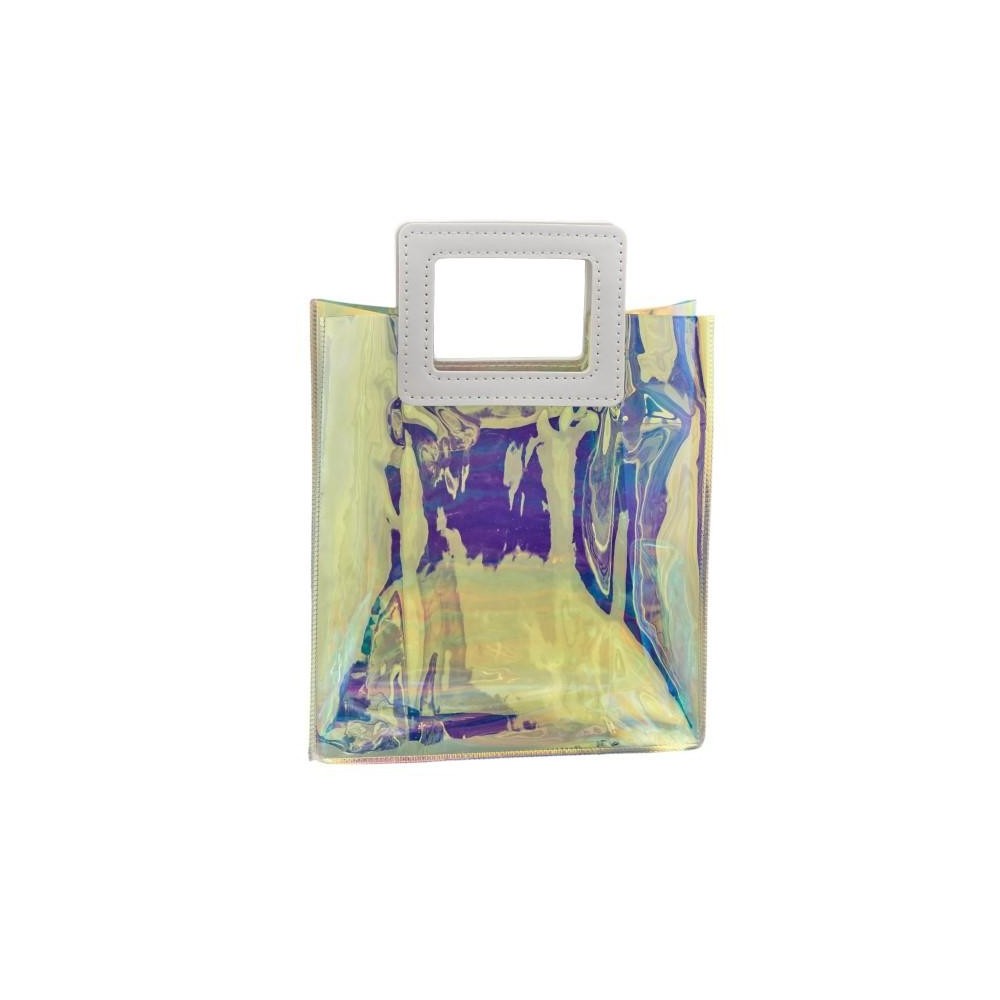 BUSTA PVC IRIDESCENTE CON MANICO PELLE H20X18X8.5